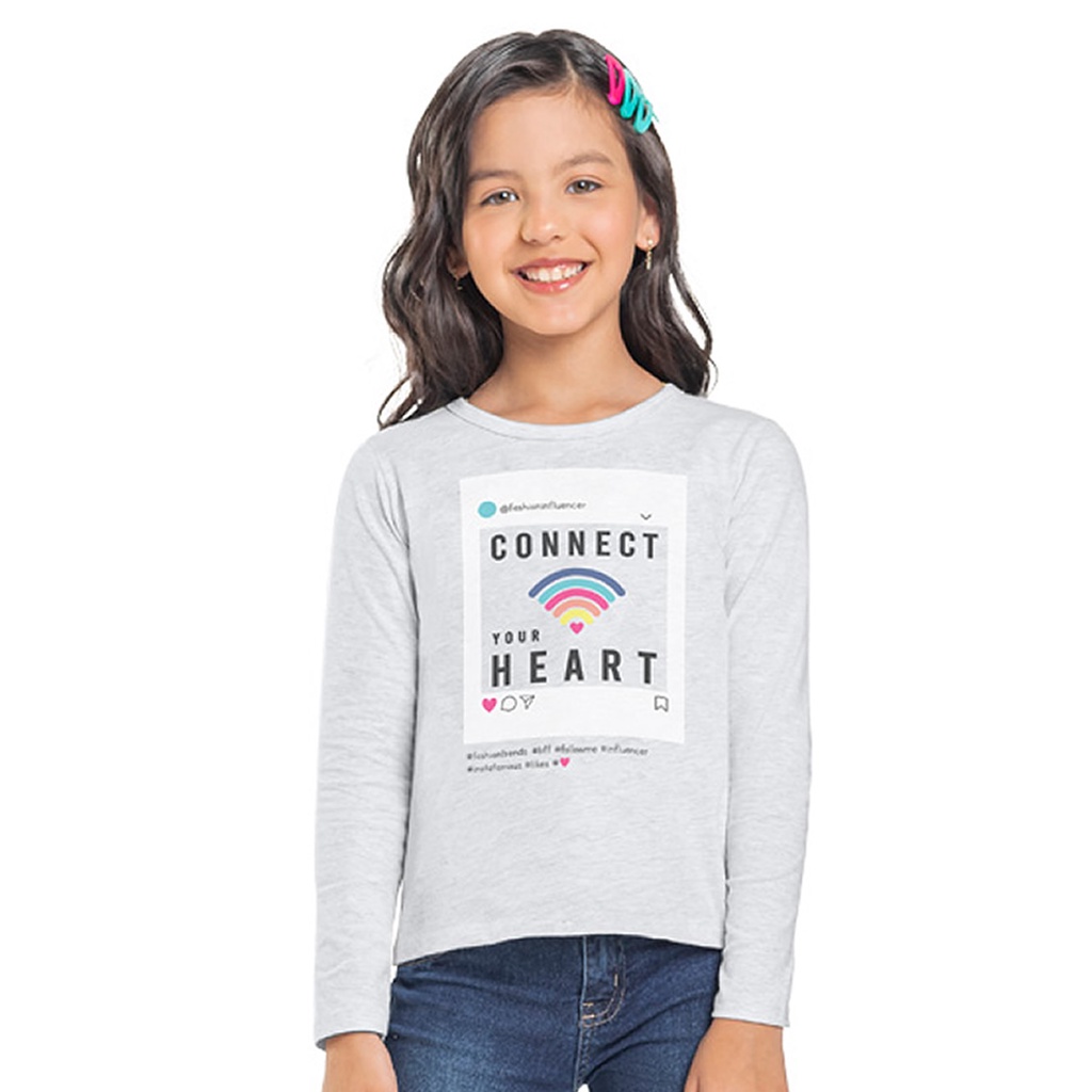 Blusa Infantil Manga Longa Connect Heart M/Malha Mescla Kyly