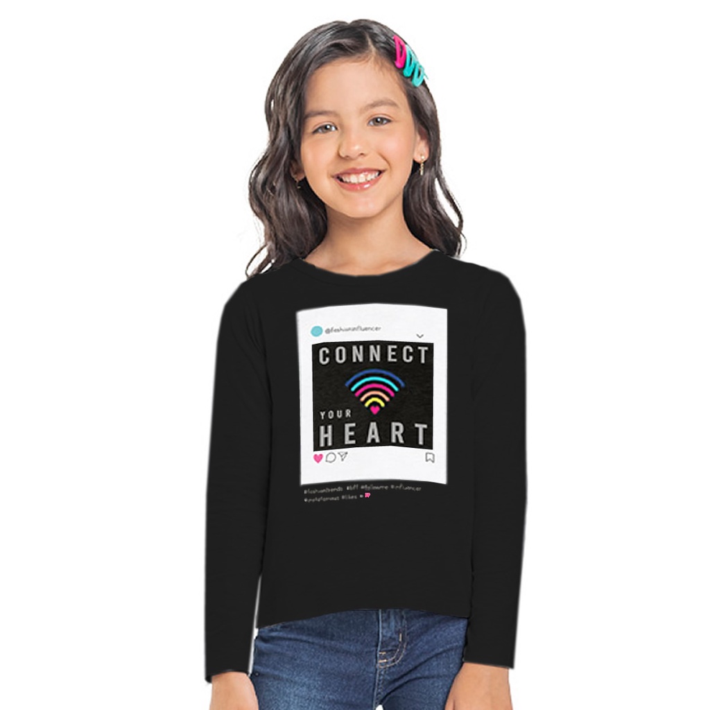 Blusa Infantil Manga Longa Connect Heart M/Malha Preta Kyly