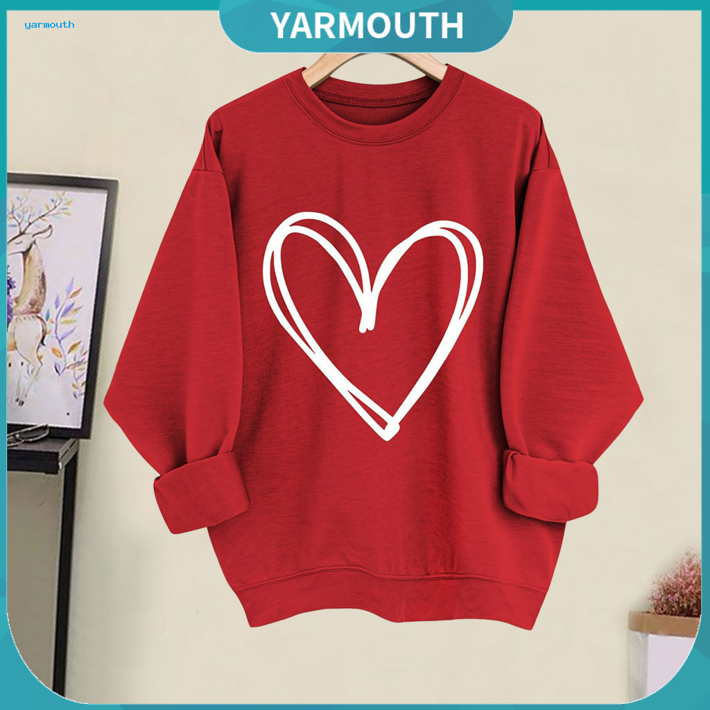 Women Heart Print Sweatshirt Loose Fit Pullover Spring Autumn Women’s Round Neck Long Sleeve Pure Color Top for Valent