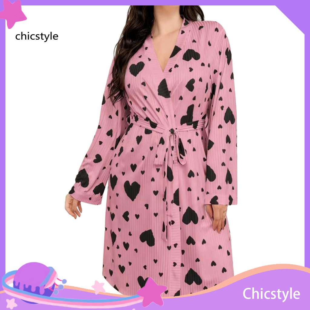 Polyester Nightwear Soft Sleepwear Women’s Heart Print Kimono Robe Belted Bathrobe Mid-length Spa Loungewear Cozy Long