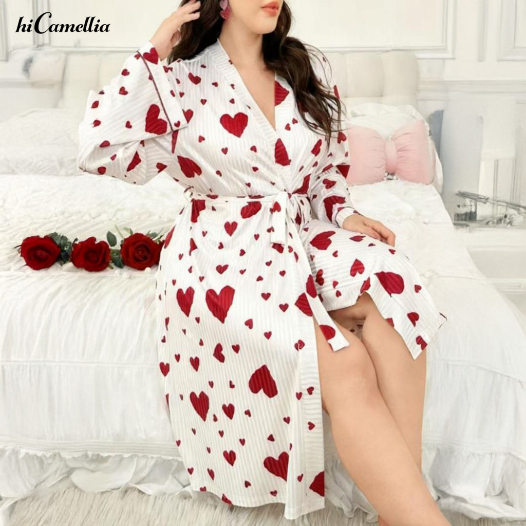 Nightgown Soft Sleepwear Women’s Heart Print Kimono Robe Belted Bathrobe Mid-length Spa Loungewear Cozy Long Sleeve Pa