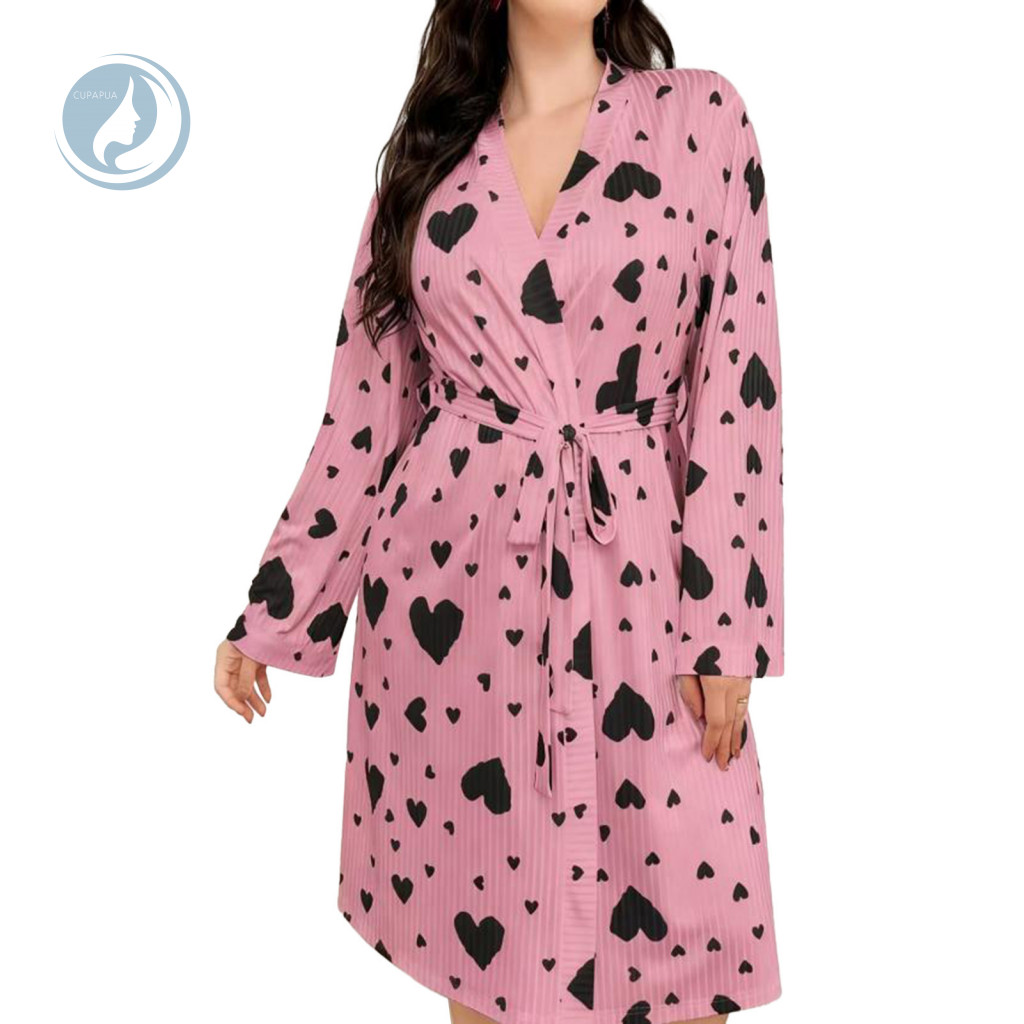 Women Nightgown Wear Women’s Heart Print Kimono Robe Soft Belted Bathrobe Mid-length Spa Loungewear Cozy Long Sleeve P
