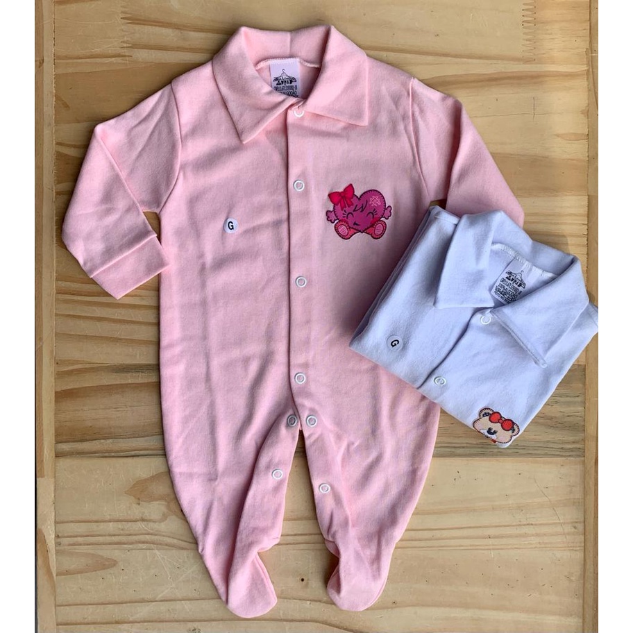 Macacão Manga Longa Bebê Com Pézinho - Heart - Kit com 2 peças