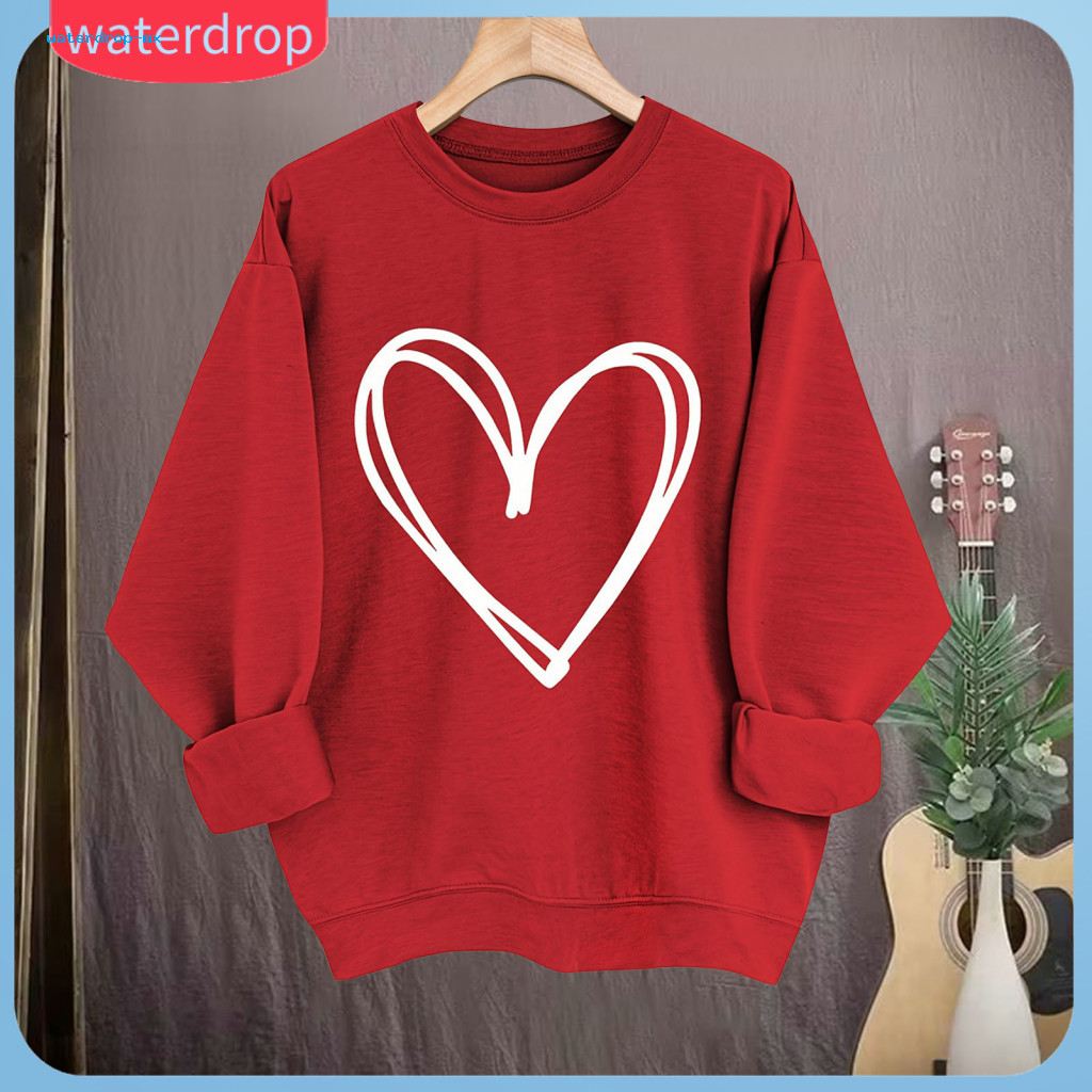 Spring Autumn Women’s Heart Print Sweatshirt Loose Fit Round Neck Long Sleeve Pullover Pure Color Top for Valentine’