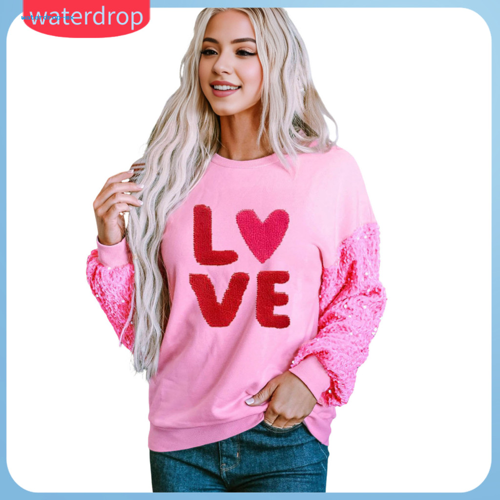 Women’s Valentine’s Day Sweatshirt with Sequin Heart Sleeves Bright Color Round Neck Long Sleeve Loose Mid-length Pu