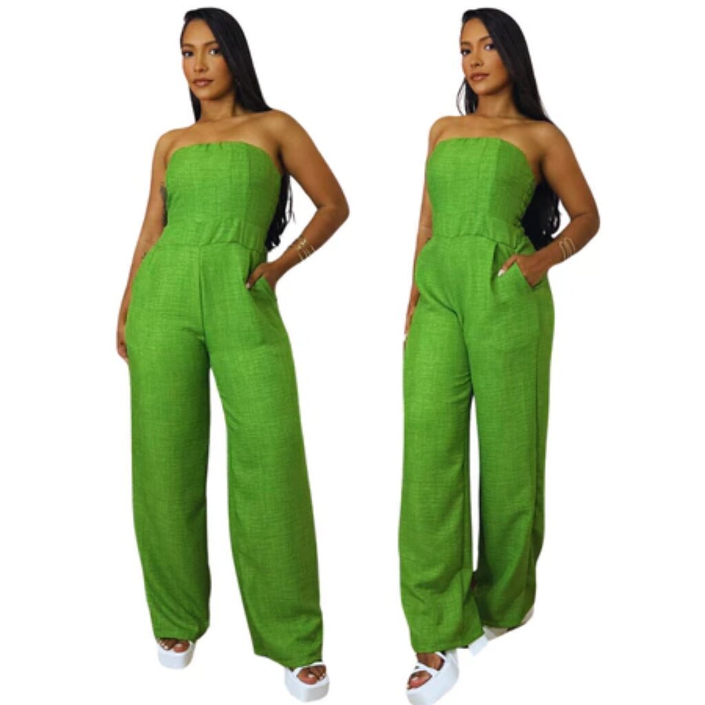 Macacão Feminino de Alfaitaria Verde Tomara que Caia com Calça Pantalona, Moda Dinâmica