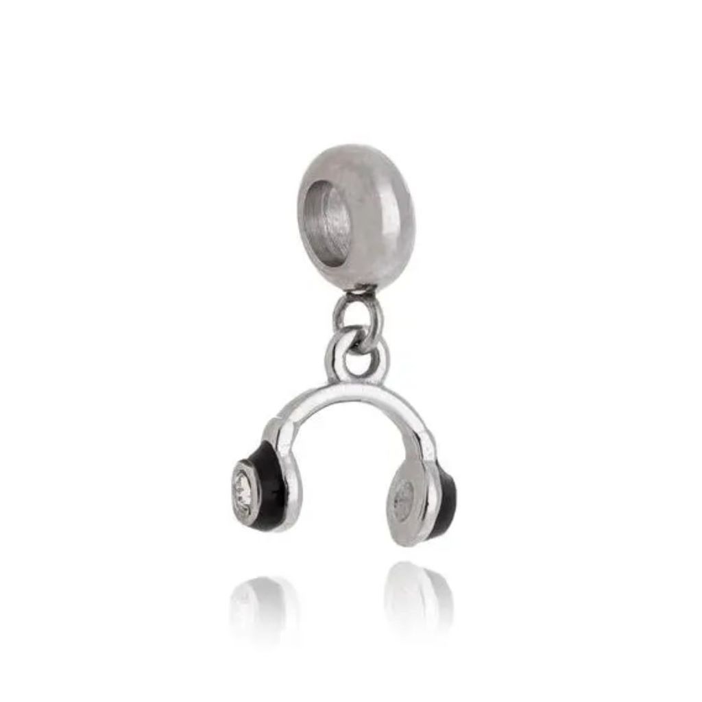 Berloque Pingente Headphone Fone de Ouvido Preto Aço Inox