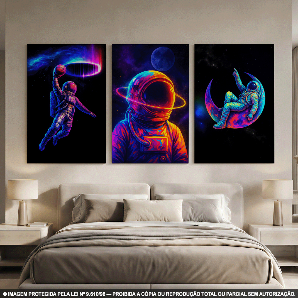 Kit 3 Quadros Decorativos Astronautas no Espaço – Arte Neon Colorida com Lua e Basquete para Sala, Quarto Gamer