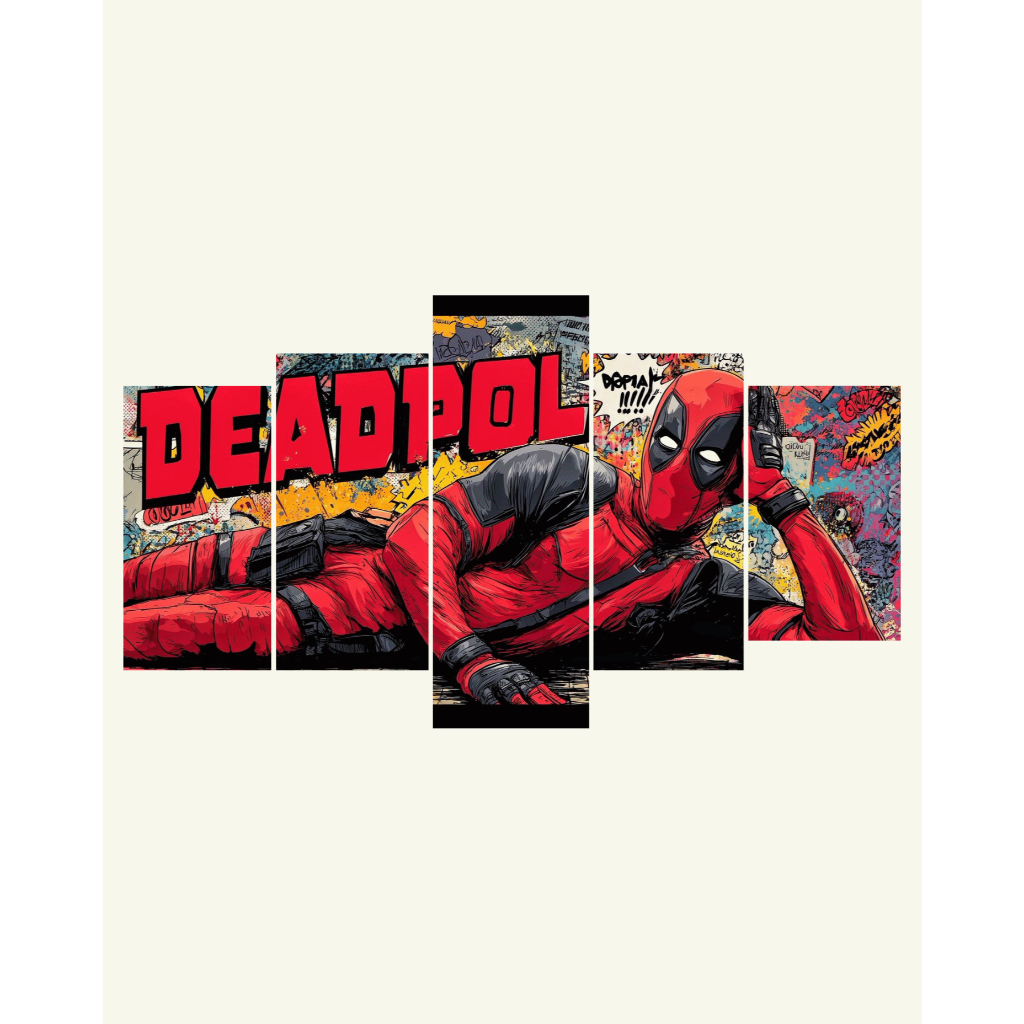 Quadro Mosaico 5 Peças Deadpool Arte Geek Herói Marvel HQ Decoração Moderna Sala Quarto Gamer HD