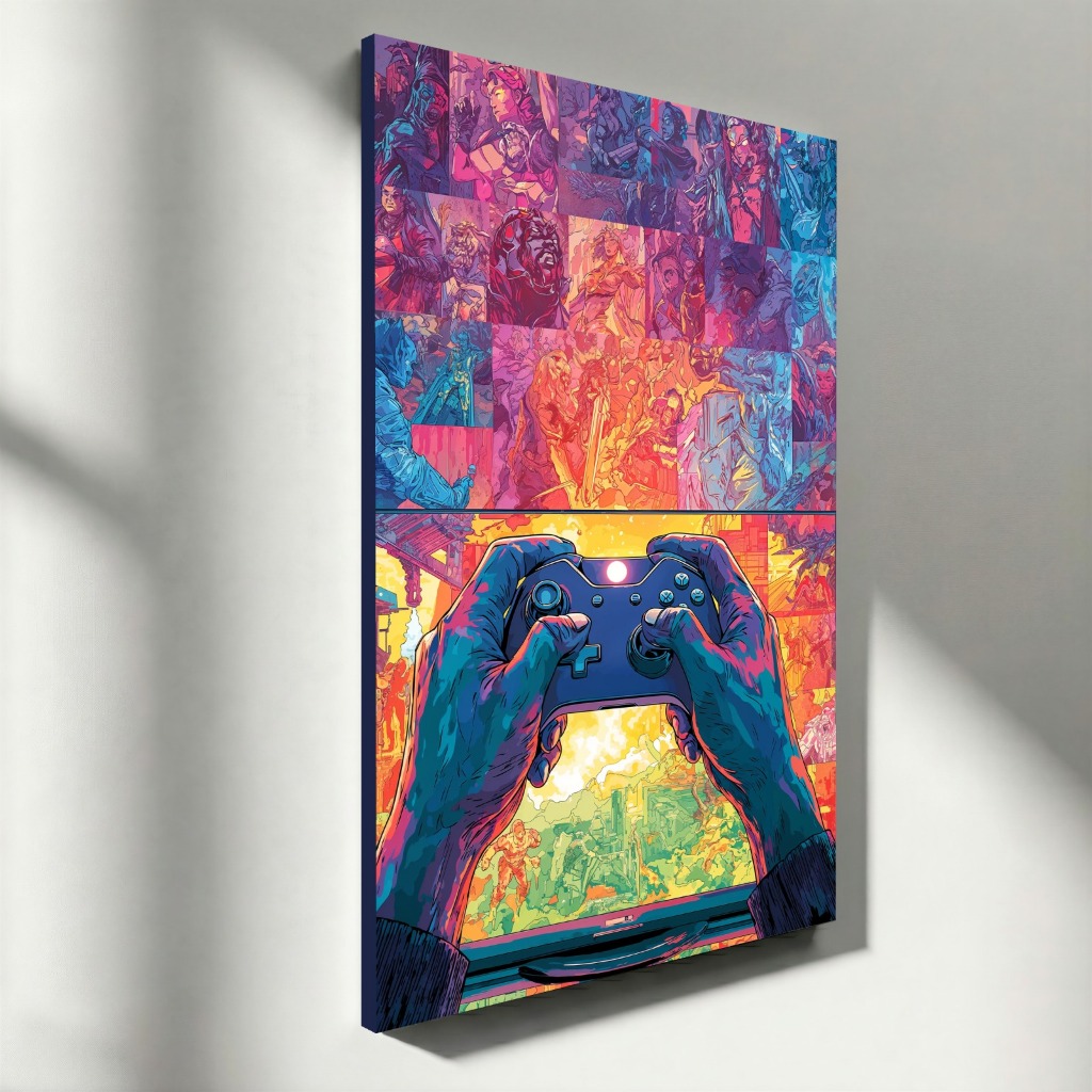 Quadro Decorativo Gamer Arte Colorida Controle Game Vertical Moderno