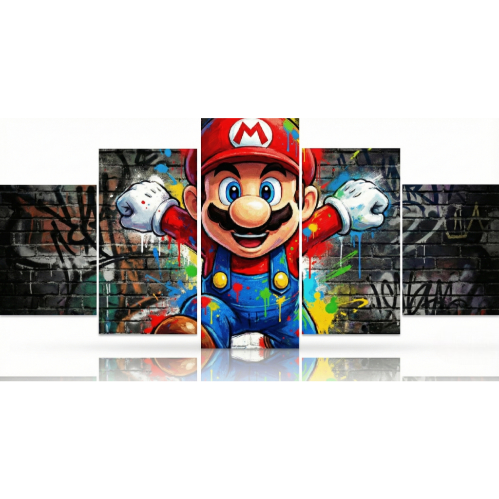 Kit 5 Quadros Super Mario Grafite Gamer Decoração Geek Infantil
