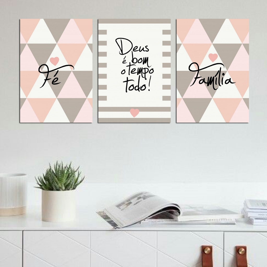 quadros decoração imagens rosa rose formas geometricas Fé Familia Deus é bom o tempo todo - kit 3 placas MDF 20x30cm