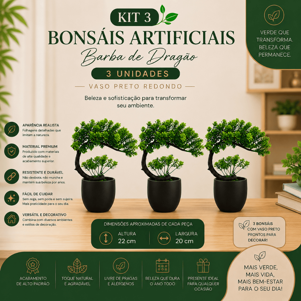 Kit 3 Bonsais Decorativos Artificial Barba de Dragão Vaso Preto Redondo Premium Beleza Eterna