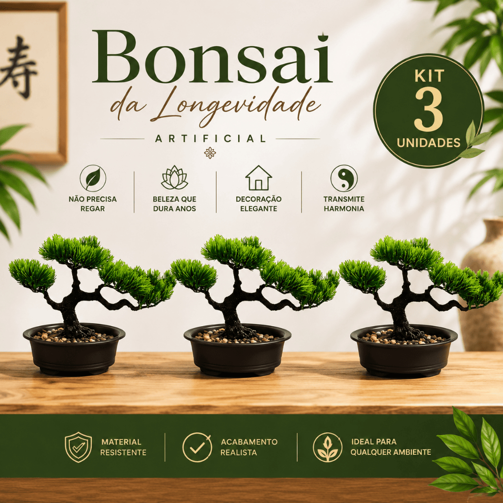 Kit 3 Bonsais da Longevidade Artificial Decoração Moderna com Vaso Decorativo e Cascalho Natural