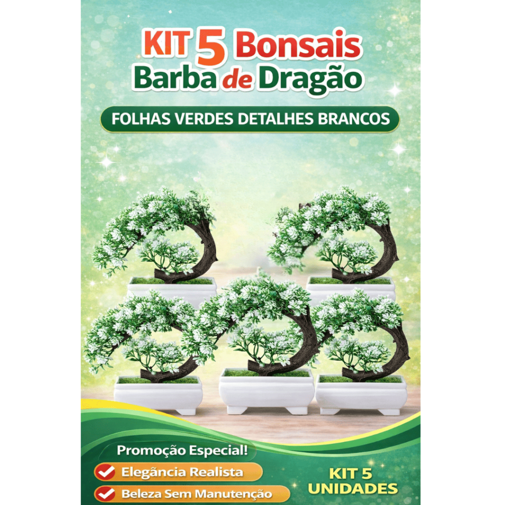 Kit 5 Bonsais Barba de Dragão Verde Com Detalhes Brancos – Estilo Equilíbrio Elegância Oriental