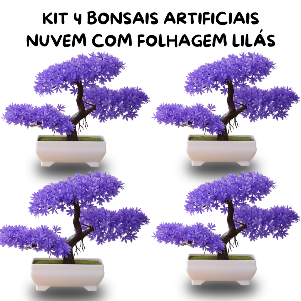 Kit 4 Plantas Bonsais Nuvem Artificial – Estilo Japonês com Folhagem Lilás Realista
