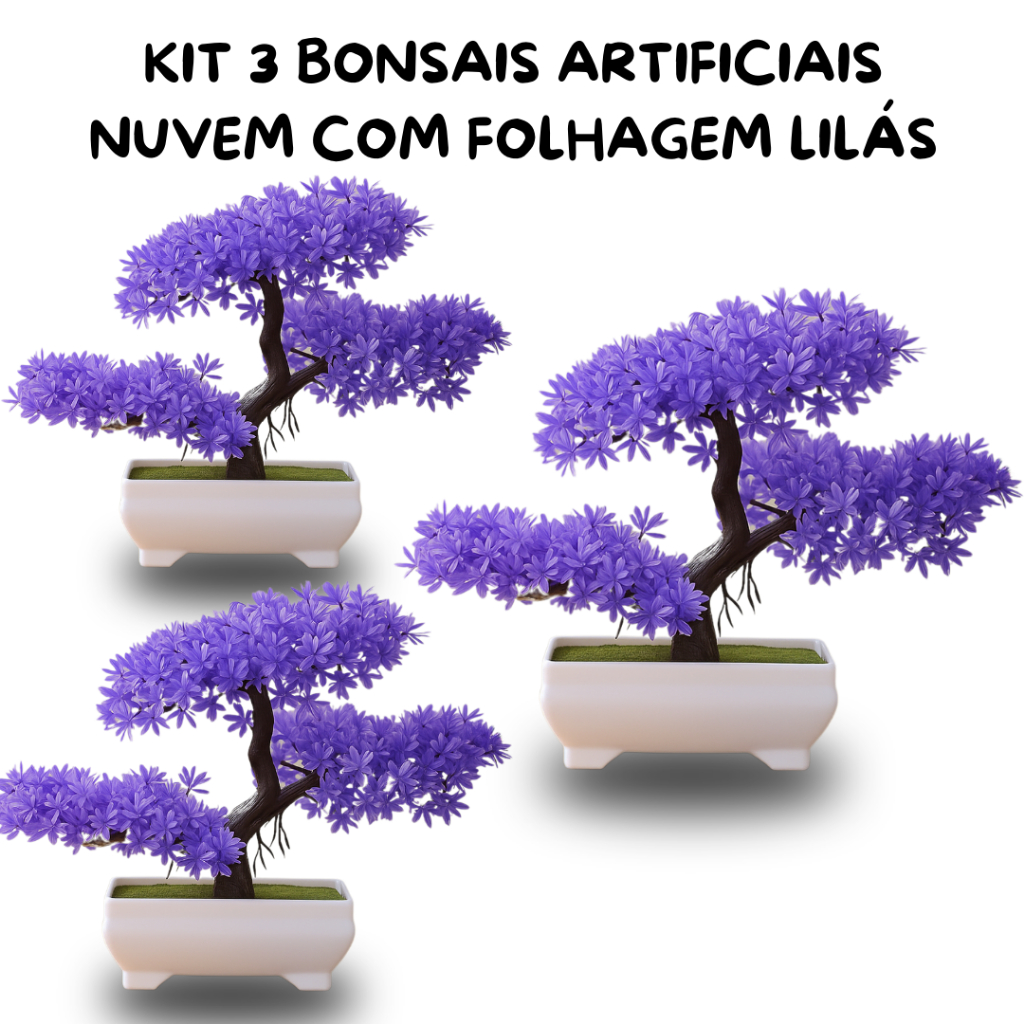 Kit 3 Plantas Bonsais Nuvem Artificial Lilás – Arte Oriental e Tranquilidade na Decoração