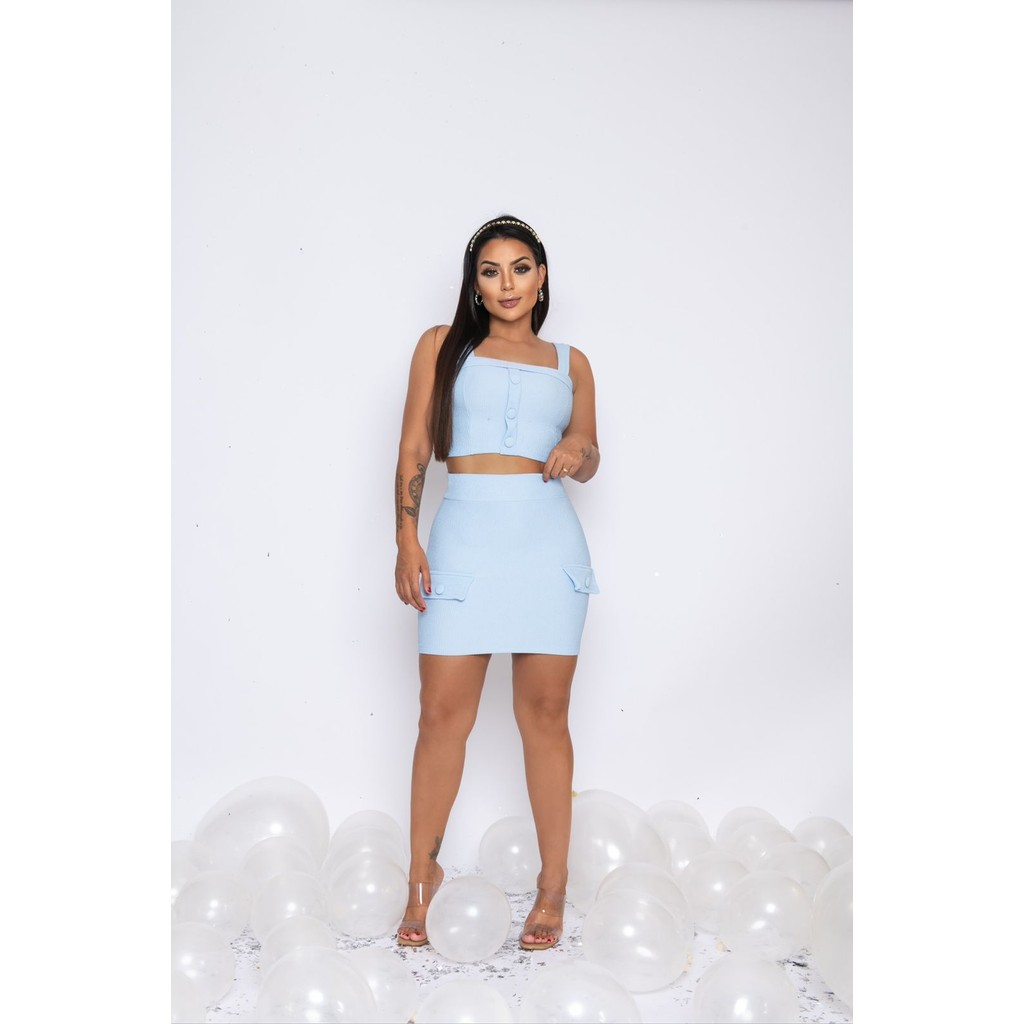 Conjunto Saia Curta Bolso Falso Frontal e Top Regata