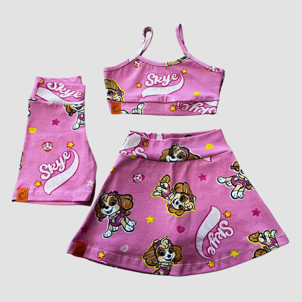 Conjunto Infantil Menina Personagens Verão 3 Peças Confortável – Top, Shorts Saia e Bermuda Ciclista