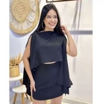 Conjunto Feminino 3 Peças com Bata, Top Faixa e Short Saia Elegante Fashion