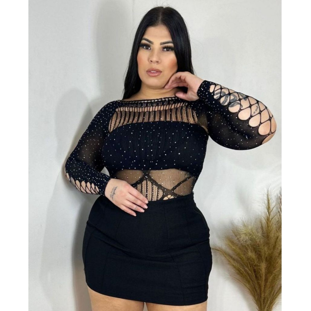 Conjunto Plus Size Short Saia Bengaline Top Body Pedraria