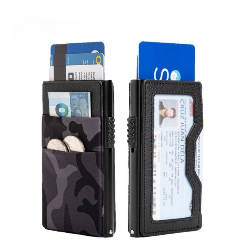 Carteira RFID Pop-Up Fina Para Homens , Capa Ultrafina De Alumínio Cartão Com Janela De Identificação E Bolso De Malha