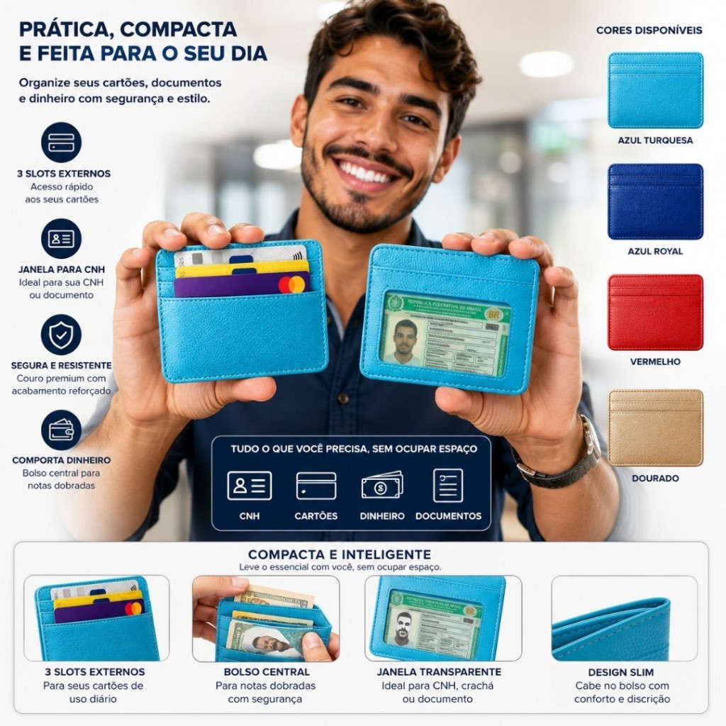 Carteira Porta Cartão Pocket Slim Compacta Couro Ecológico Anti-RFID Masculina Feminina