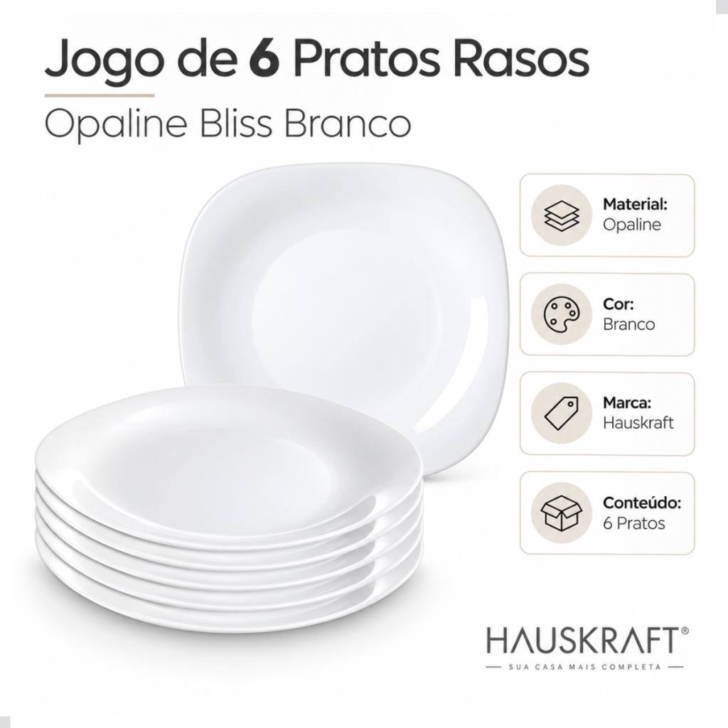 Jogo De 6 Pratos Raso Quadrado Opaline Bliss Branco