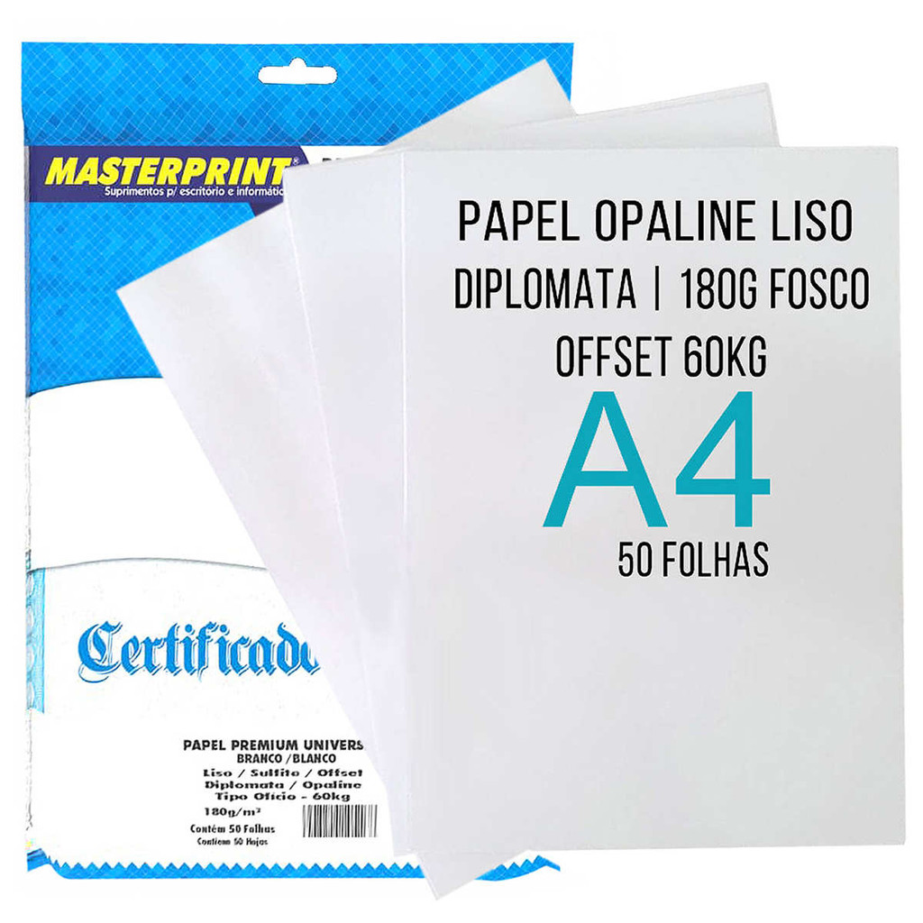 Papel Opaline A4 180g Offset 60kg Diplomata Branco Liso com Masterprint 50 folhas