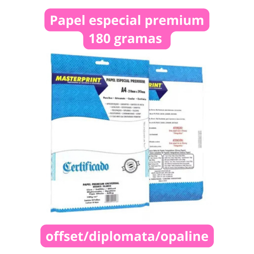 Papel Offset Opaline Premium Liso 180g 100 Folhas A4 Branco Diplomata Masterprint