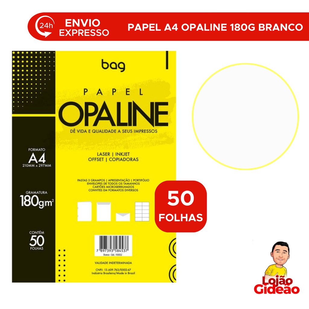 Papel Opaline A4 Branco 180Gr Com 50 Folhas Para Convite Cardapio Embalagem