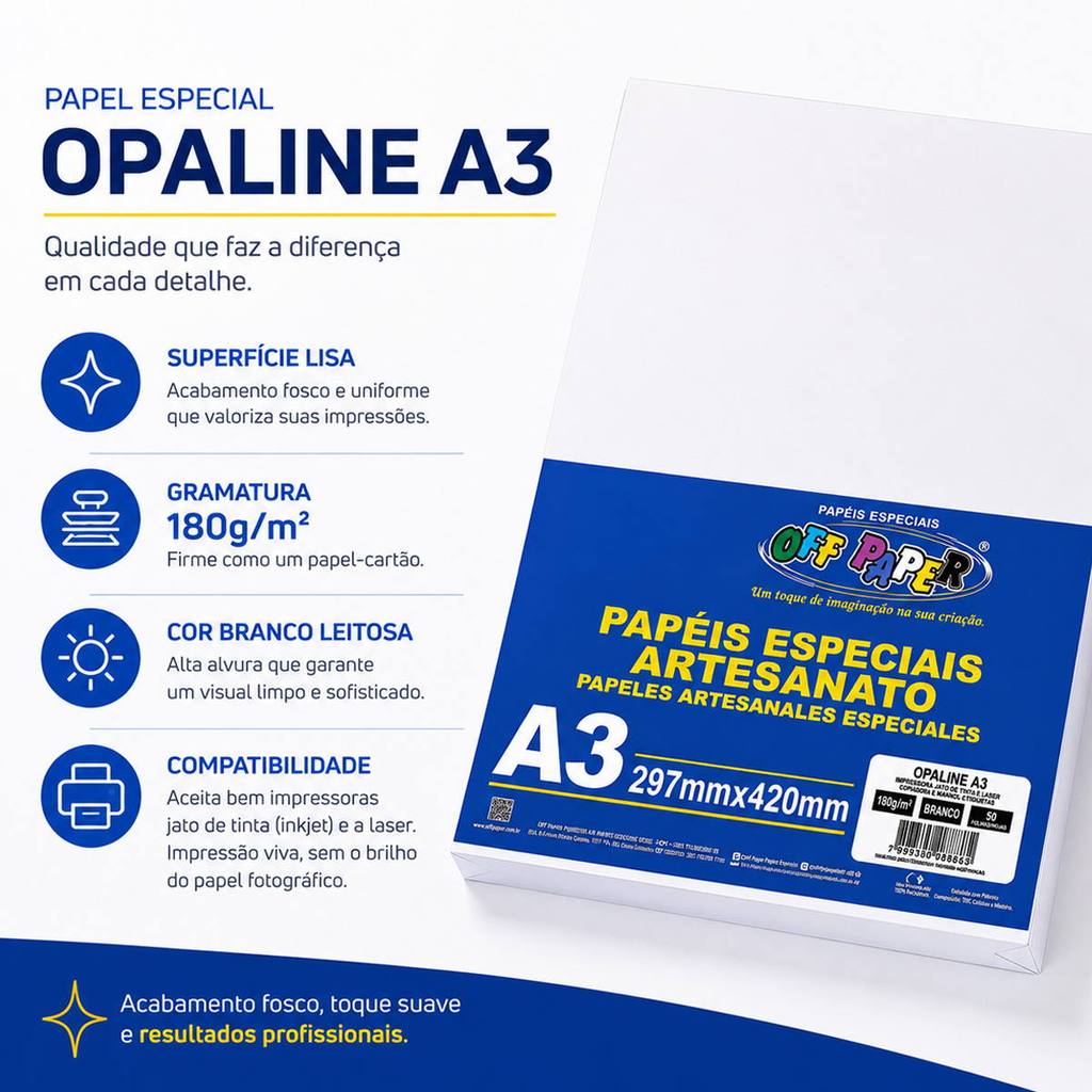 Papel Offset Opaline A3 180g Off Paper Branco Liso para Jato de Tinta e Laser com 50 Folhas