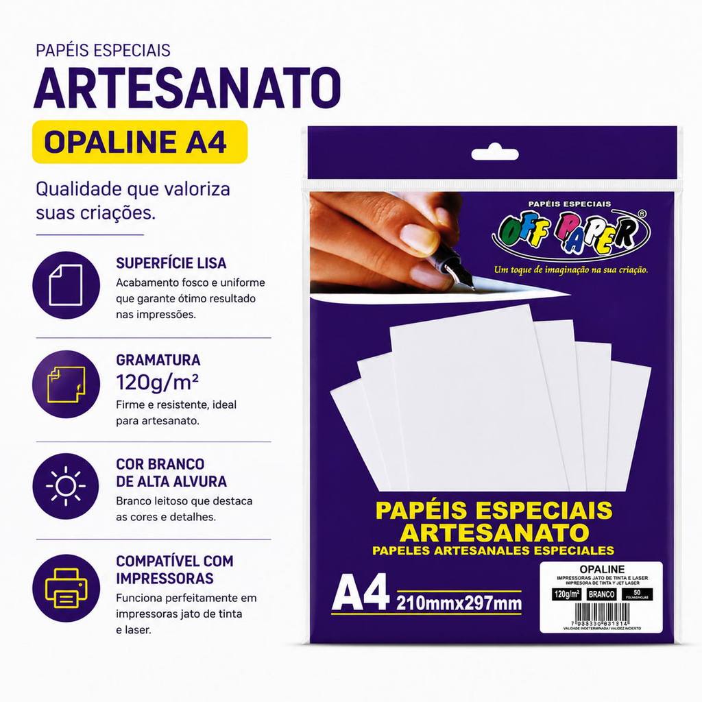 Papel Offset Opaline A4 120g Off Paper Branco Liso para Jato de Tinta e Laser com 50 Folhas