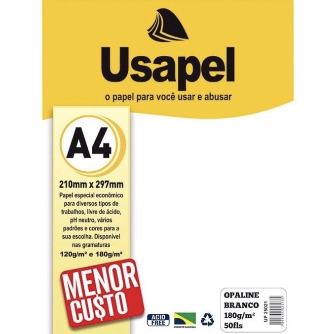 Papel Opaline Usapel A4 180g Branco - Pt C/ 50