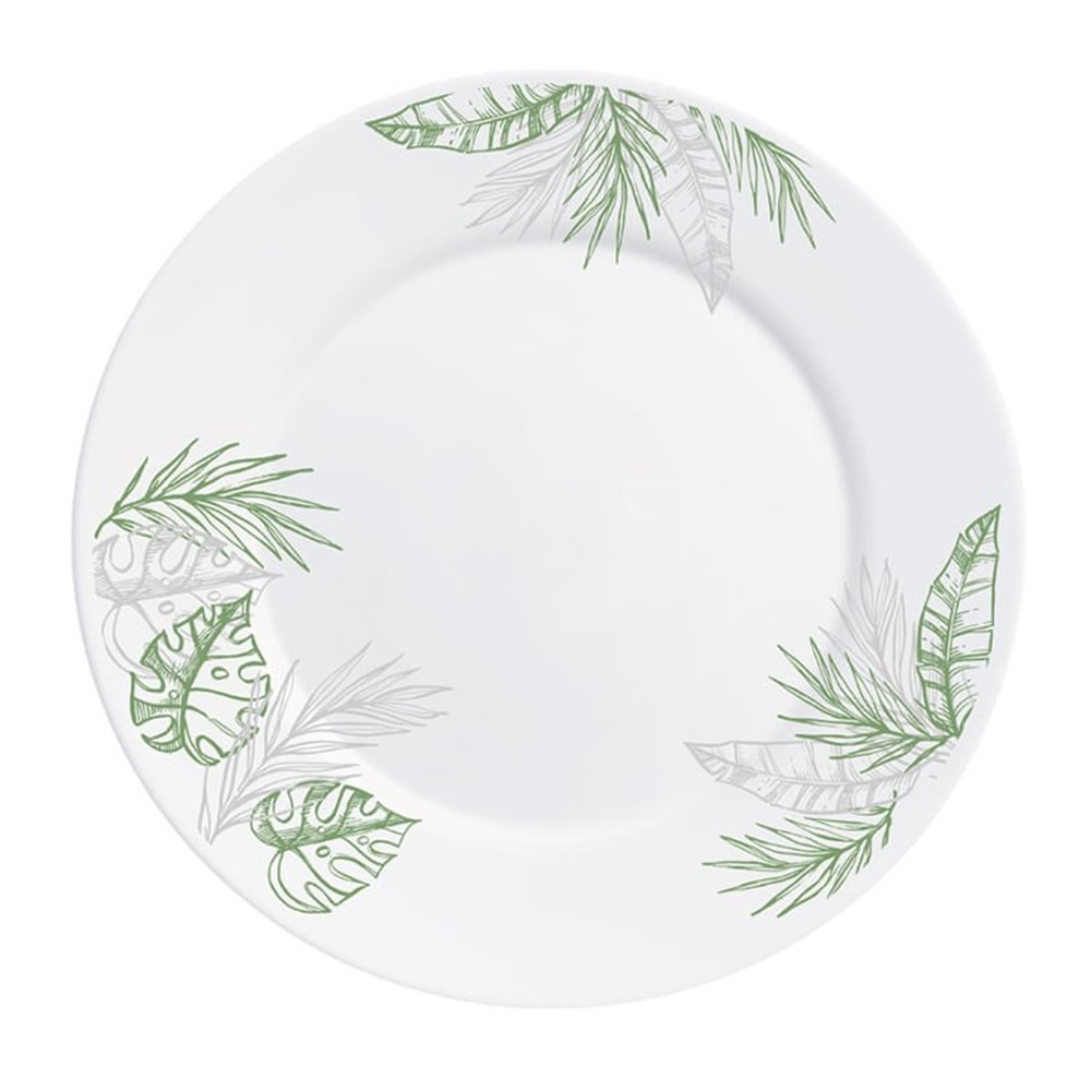 Jogo 10 Prato Raso Opaline de Vidro Branco com Folhas Jungle Leitoso 26cm Haüskraft