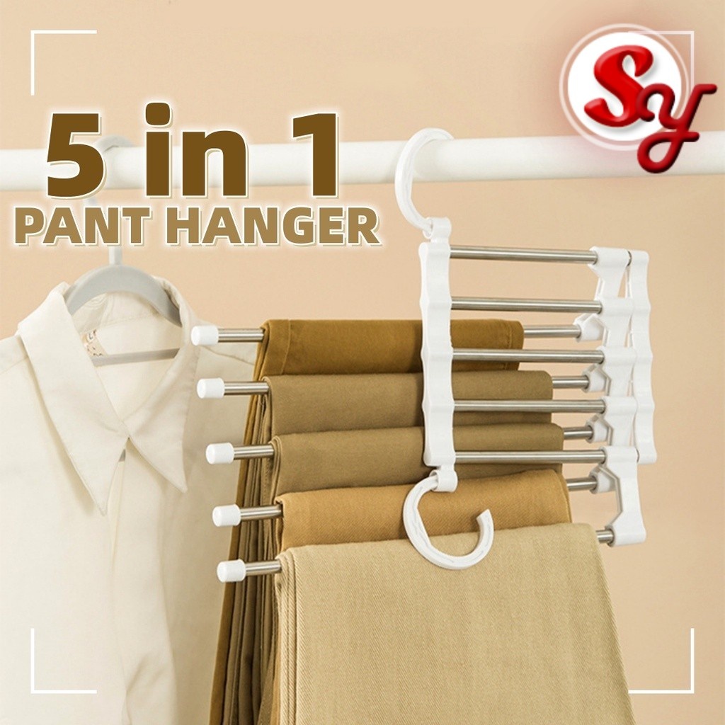 5 EM 1 Magic Pant Hanger Foldable Wardrobe Storage Rack Telescopic Multi-Layer Stainless Steel Trousers Clothes Hanger
