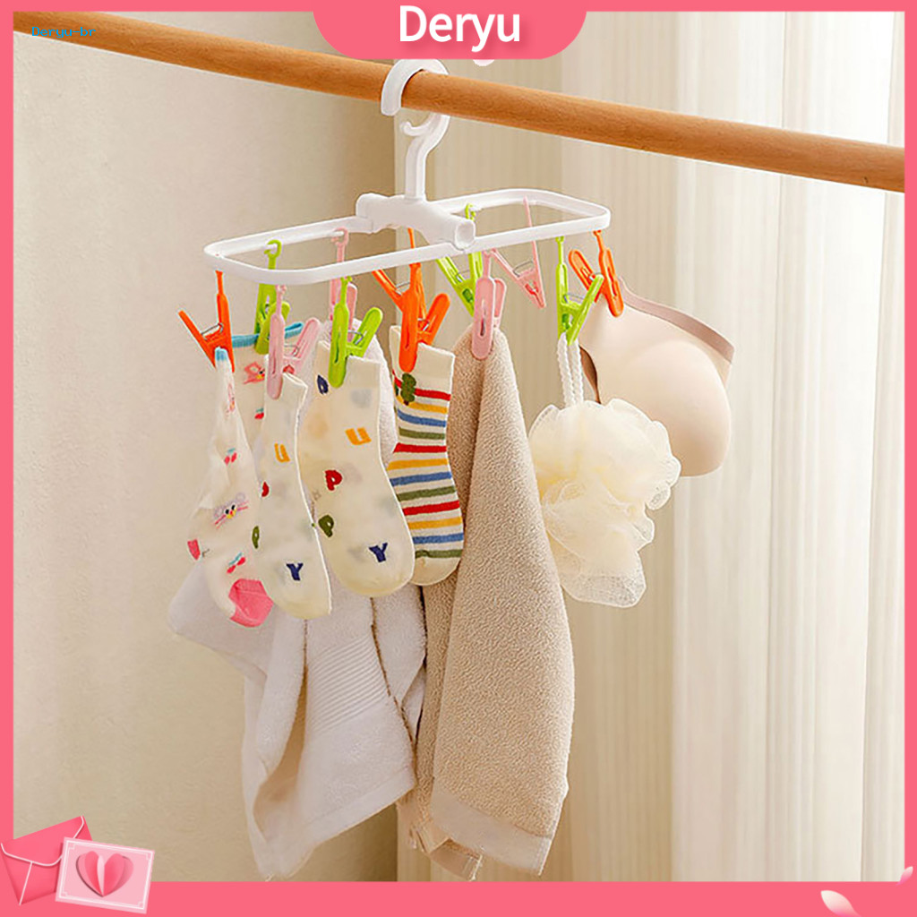 Laundry Drying Rack Windproof Sock Clip Heavy Duty Clothes with 12 Clips – Foldable Rotatable Plastic Hanger Anti-slip