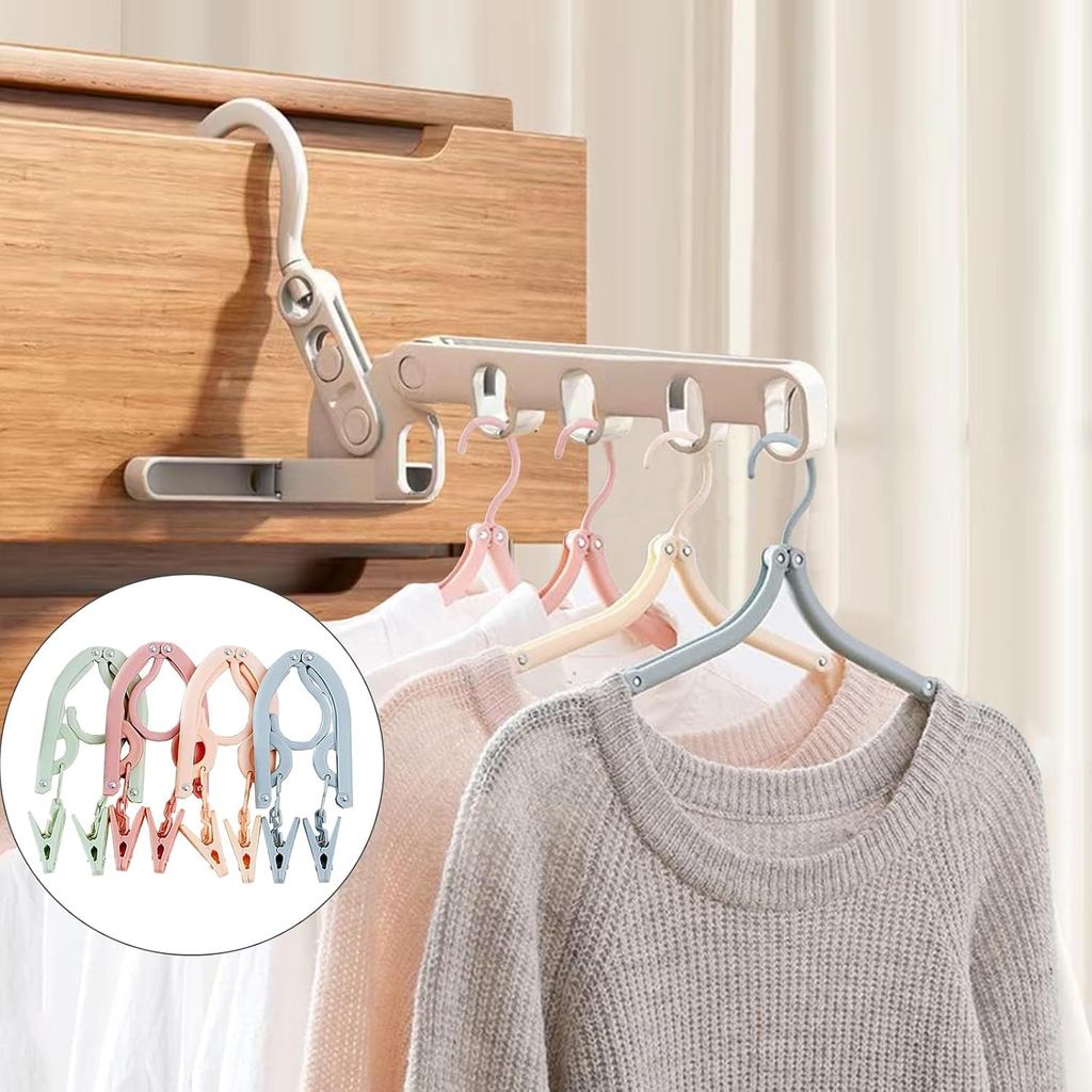 Portable Foldable Clothes Hanger, Plastic Travel Foldable Coat Hangers Clothes Drying Rack with 5 Holes Folding Hangers