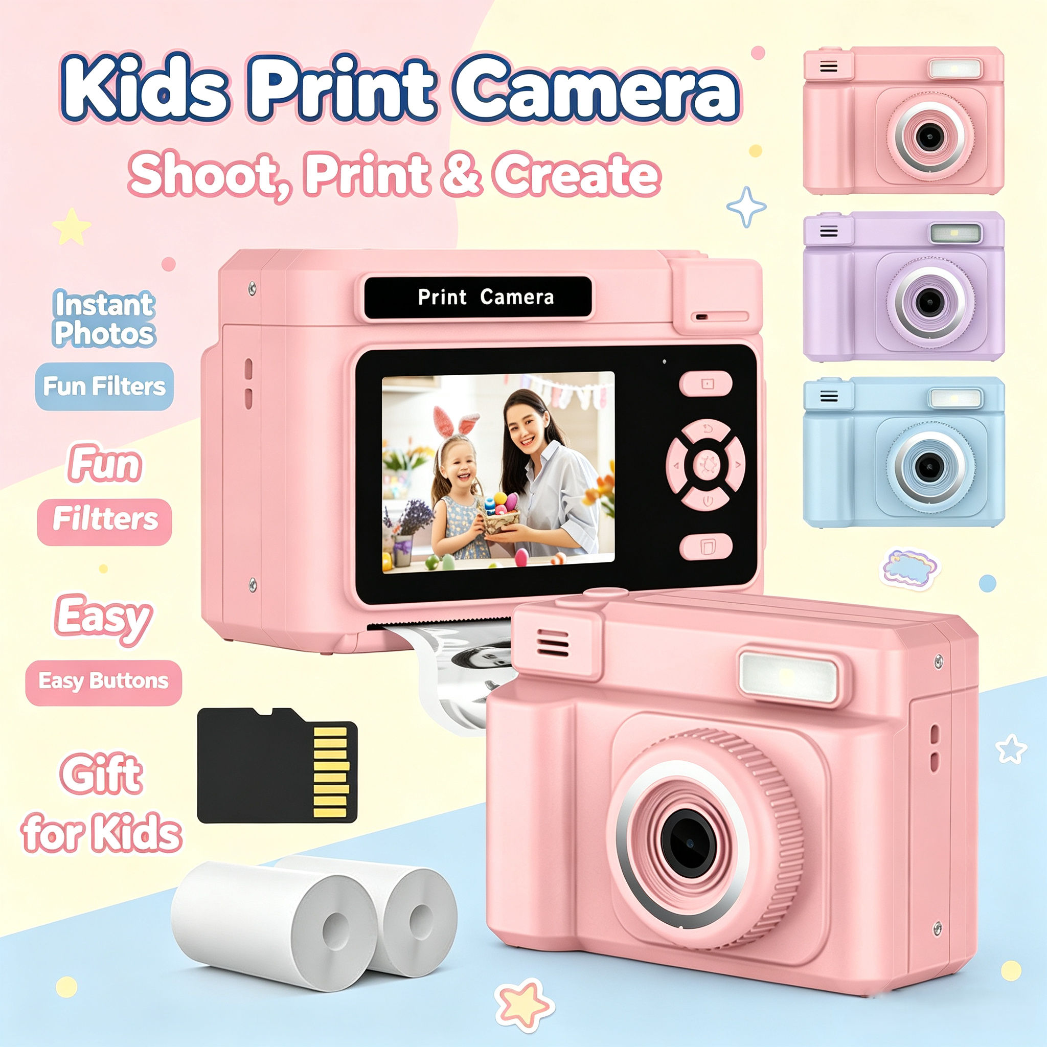 Câmera Instantânea para Crianças 2.4 HD 48MP, Câmera Infantil 1080P com 2 Rolos de Papel para Impressão, Presente de