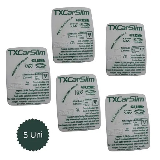 Kit 5 controle Tx Car RCG SLIM 433mhz  Aciona Portão Farol Alto Carro Moto 12v -