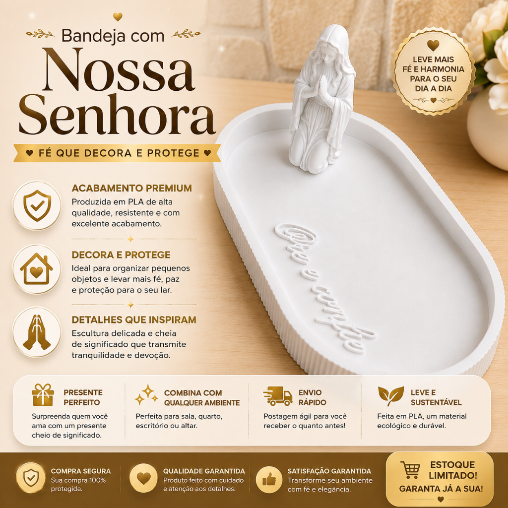 Bandeja Nossa Senhora Decorativa 3D - Decoração Religiosa para Casa e Bancada - Tamanho: 20cm | 25cm