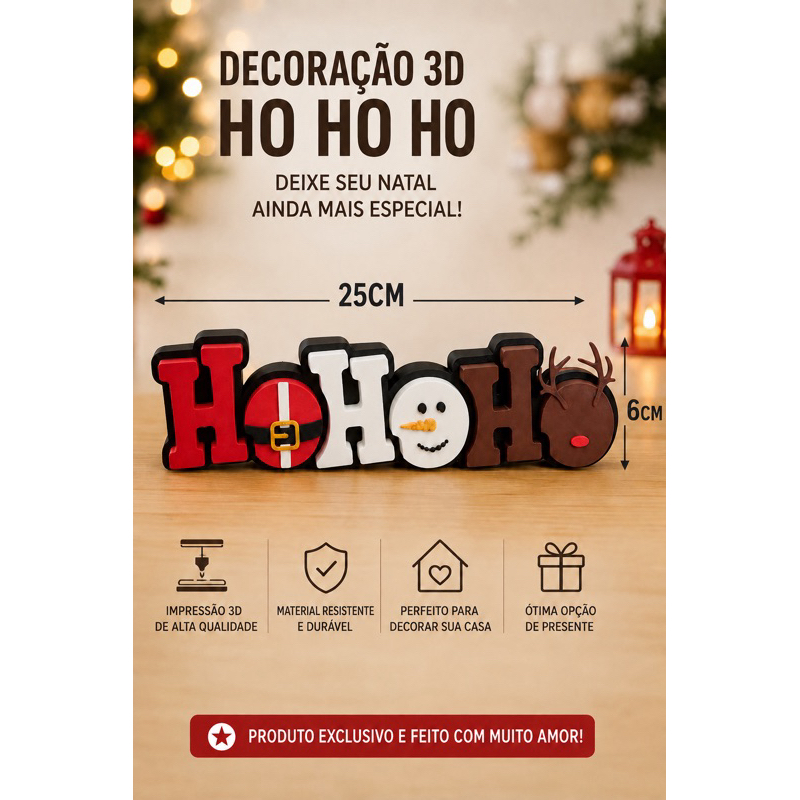 Enfeite de Natal Ho Ho Ho Decorativo 3D 25cm Decoração Natalina
