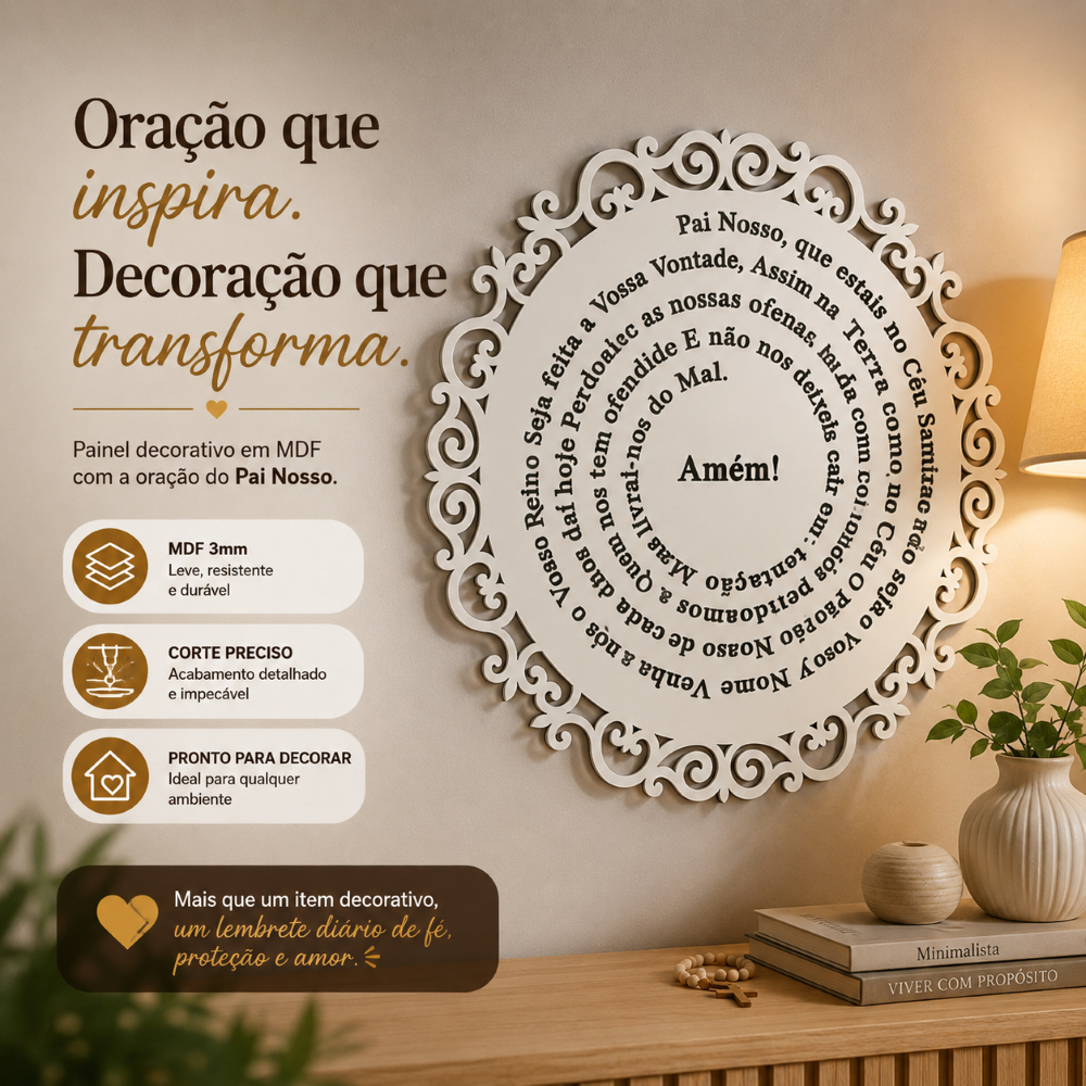 Mandala Pai Nosso MDF Branco 25cm Decorativa de Parede Religiosa Enfeite Porta Sala Quarto