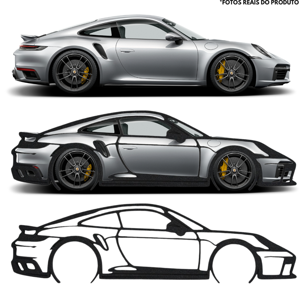 Silhueta Decorativa Carro Esportivo 25cm - Arte de Parede 3D Preto Fosco Porsche