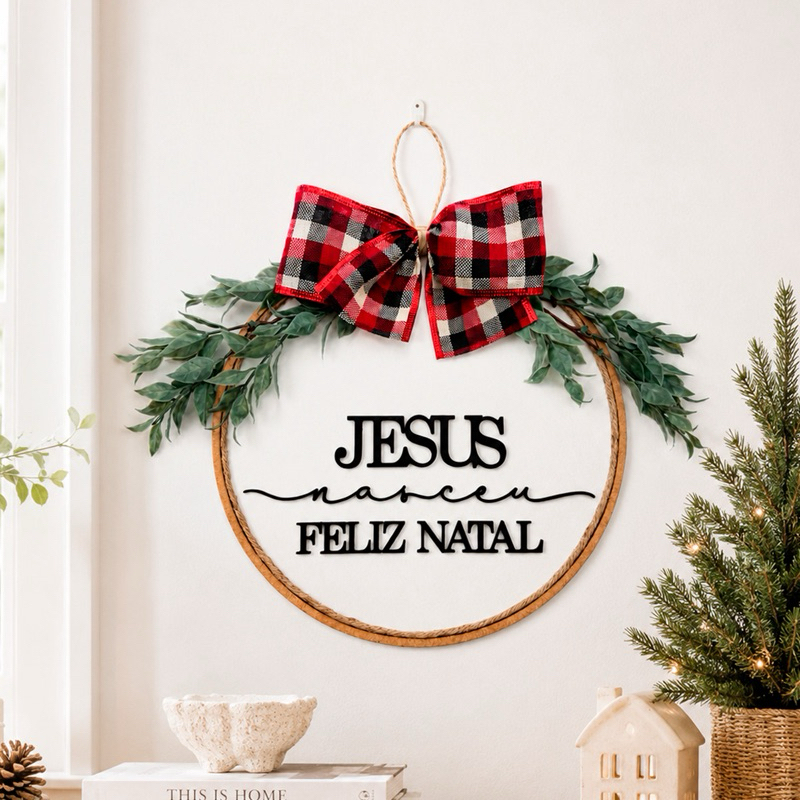Natal - Guirlanda Decorativa Porta ou Parede - Jesus Nasceu + Feliz Natal 25cm
