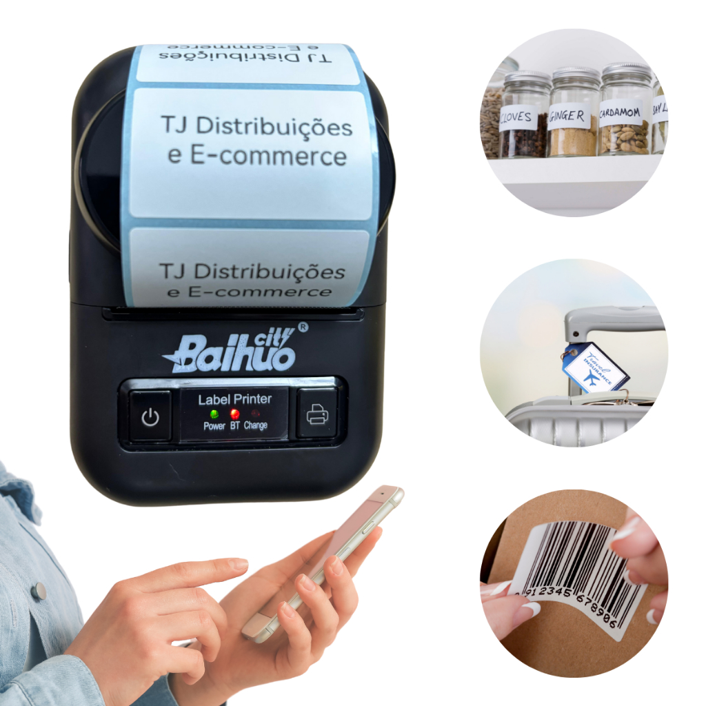 Impressora Térmica de Etiquetas Adesivas Bluetooth Portátil Código de Barras Etiquetadora