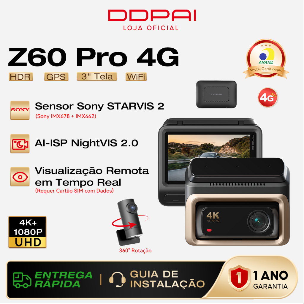 Câmera Veicular DDPAI Z60 Pro 4G Monitoramento Remoto 4K+ 1080P HDR Visão Noturna STARVIS 2 IMX678 WiFi 5G GPS 3