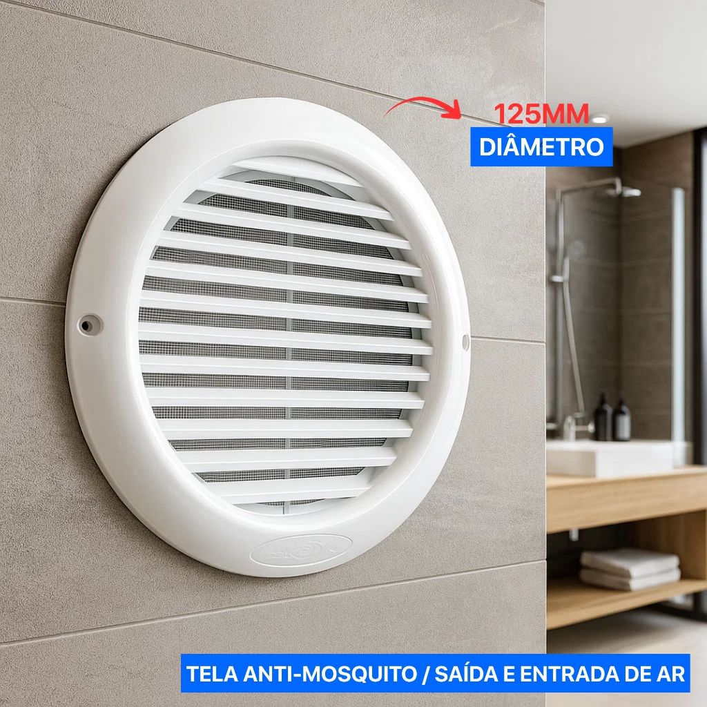 Veneziana 125mm Auto Fechante Grelha Redonda Fixa Tela Colarinho Ventilação Saida E Entrada De Ar