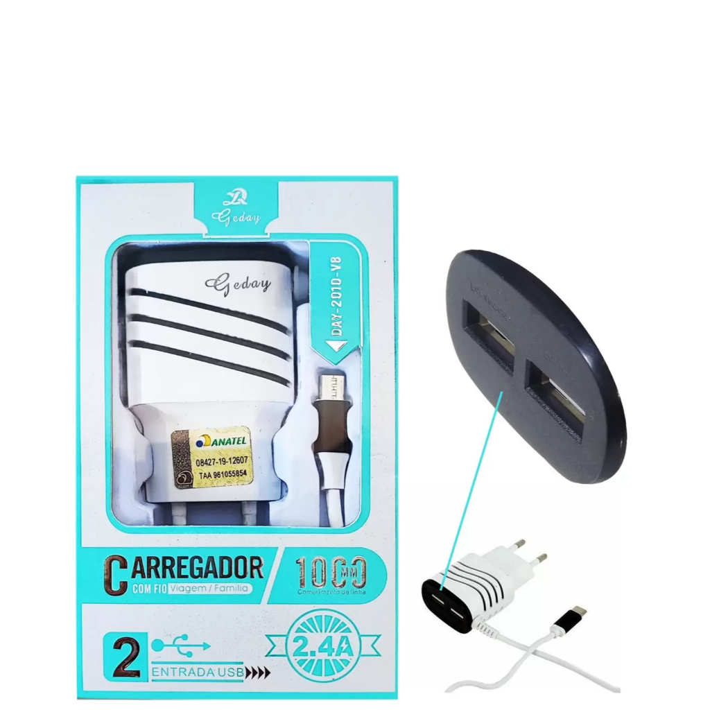 Carregador Geday USB 2.4a 1 Saida Fixa USB V8 2 Saidas USB Universal 2.4a Saida 5V Tensão 100~220V