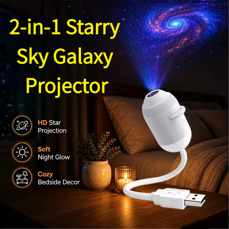 2-in-1 Galaxy Projector Star Night Light 360° Rotating Infinitely Dimmable Bedroom Ambience Light